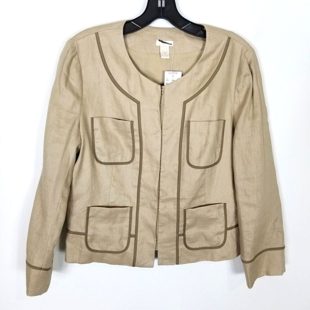J. CREW Women Tan Linen Herringbone Zip Up Blazer Sz 6 Office Pockets